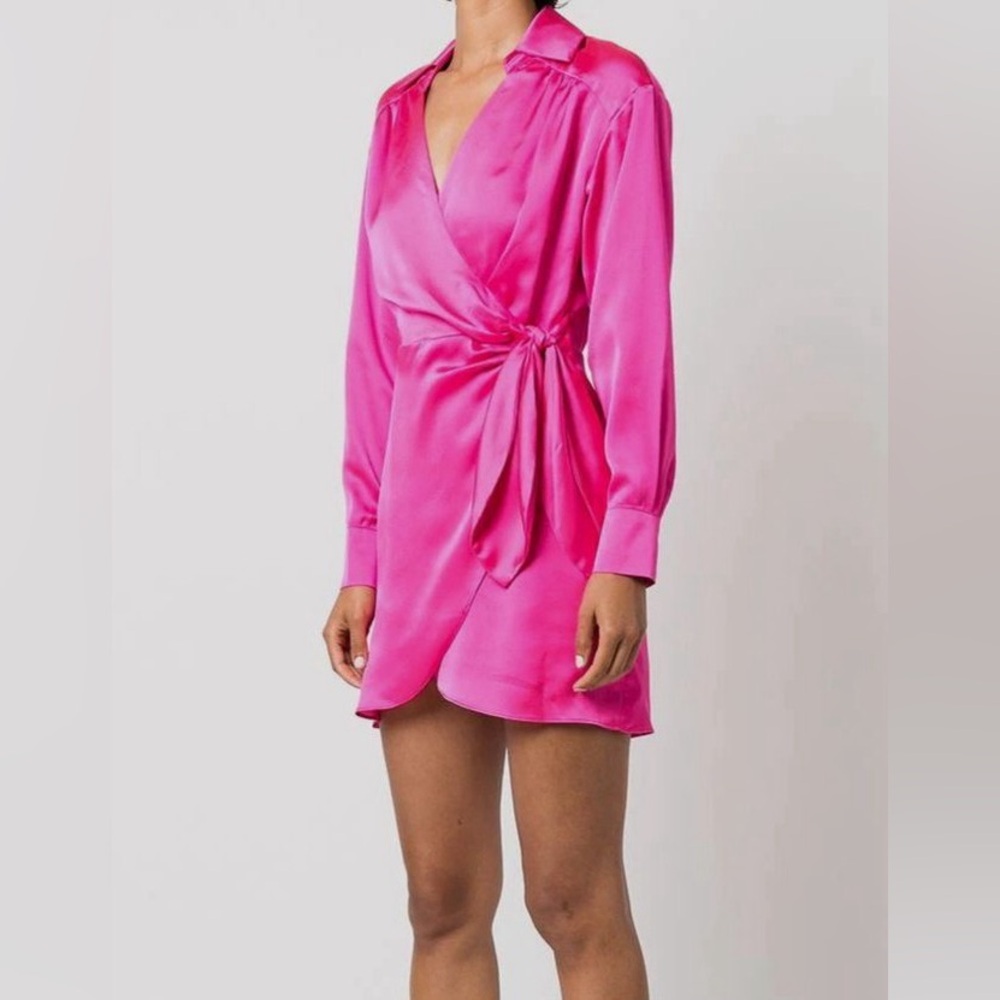 MILLY JORDAN SATIN WRAP DRESS HOT PINK